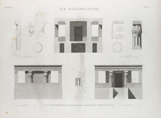 Île d'Éléphantine. Plan, coupe, élévations, détails et bas-reliefs du temple du sud.