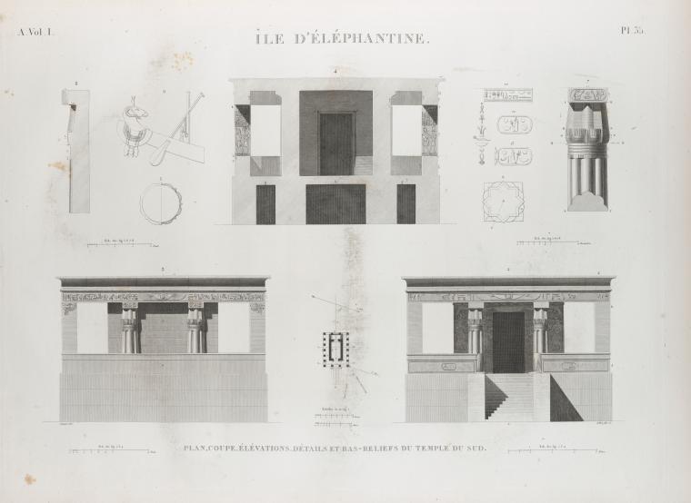Île d'Éléphantine. Plan, coupe, élévations, détails et bas-reliefs du temple du sud.