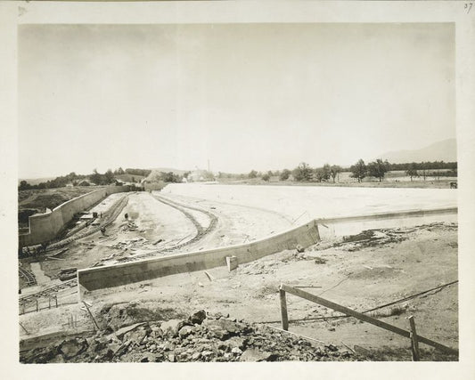 Ashokan Reservoir. View of Waste weir and concrete-paved Spillway. Waste water is carried through channel to Esopus creek, two miles below Olive Bridge dam. Contract 3. June 18, 1912.
