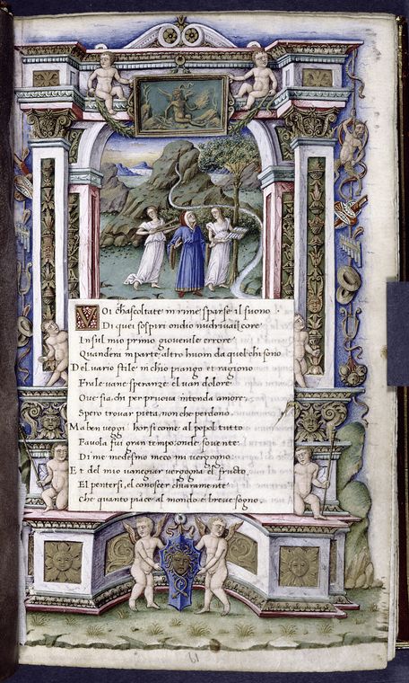 Petrarch at the fountain of Vaucluse, accompanied by two nymphs or muses playing musical instruments