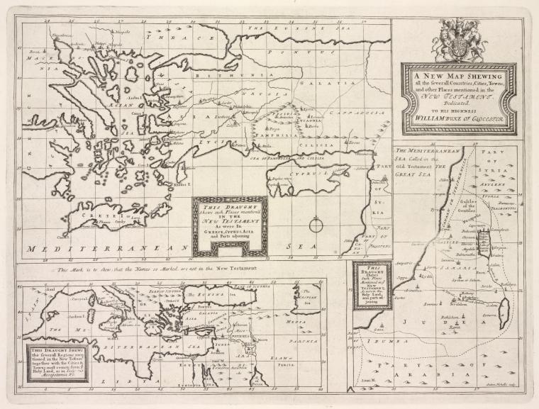 A new map shewing all the severall countries, cities, towns and other places mentioned in the New  Testament [1 - in Greece Cyprus, Asia and parts adjoining; 2 - in Italy, Mesopotamia &c.;  3 - in the Holy Land and parts adjoining.]