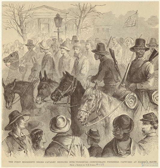 The first Mississippi Negro cavalry bringing into Vicksburg Confederate prisoners captured at Haines's Bluff