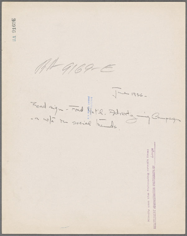 Road sign. Ford Nat'l advertising campaign. A note on social trends