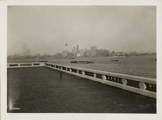 View of the New York skyline from the observation roof atop one wing of the Immigration Station, Ellis Island.