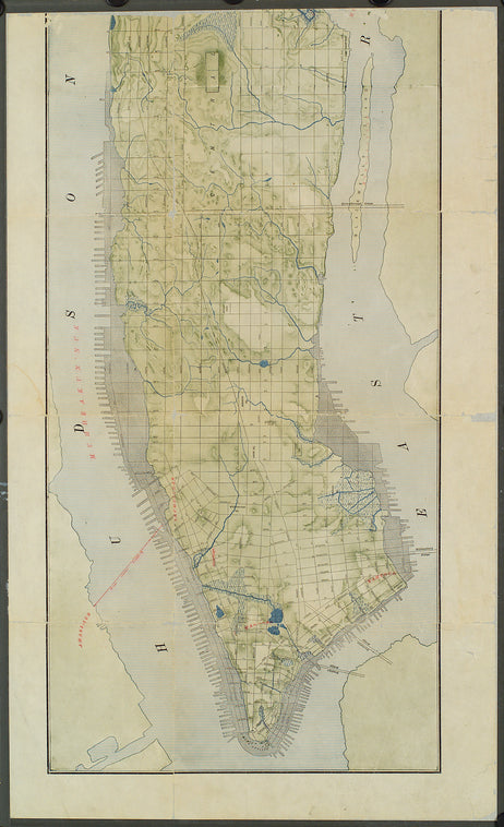1609. The island of Manhattan (Mannahtin) at the time of its discovery showing its elevations, water-courses, marshes, and shore line.