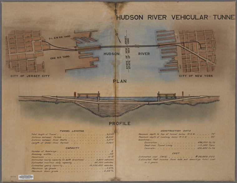 Hudson River vehicular tunnel : plan, profile, cross section