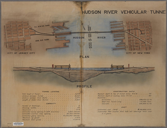Hudson River vehicular tunnel : plan, profile, cross section