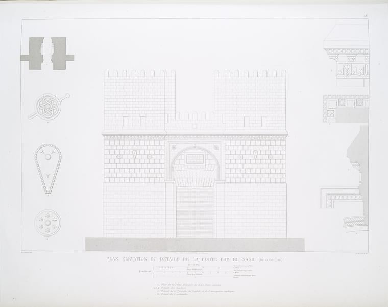 Plan, élévation et détails de la porte Bab el Nasr (de la Victoire)