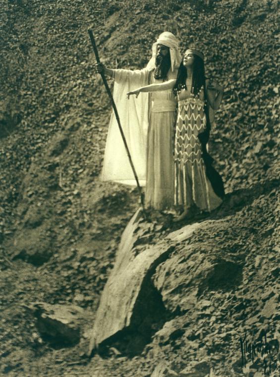 Ruth St. Denis and Ted Shawn in Miriam, Sister of Moses, a biblical drama written by Constance Smedley and Maxwell Armfield and given at the Greek Theatre, University of California, Berkeley.
