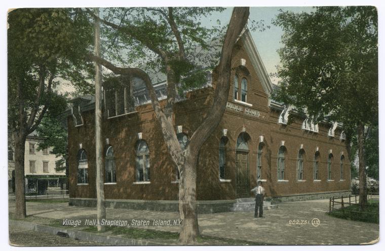Village Hall, Stapleton, Staten Island  [good close-up of building with guard in front]