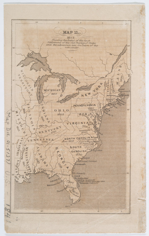 1841, showing the dates of the first settlement of the old Thirteen U. States and the admission into the Union of the remainder.