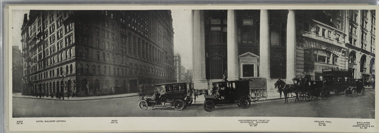West 33rd St. - Hotel Waldorf-Astoria - Knickerbocker Trust Co. - Aeolian Hall, pianos - No. 362 Maillards, confectioners.
