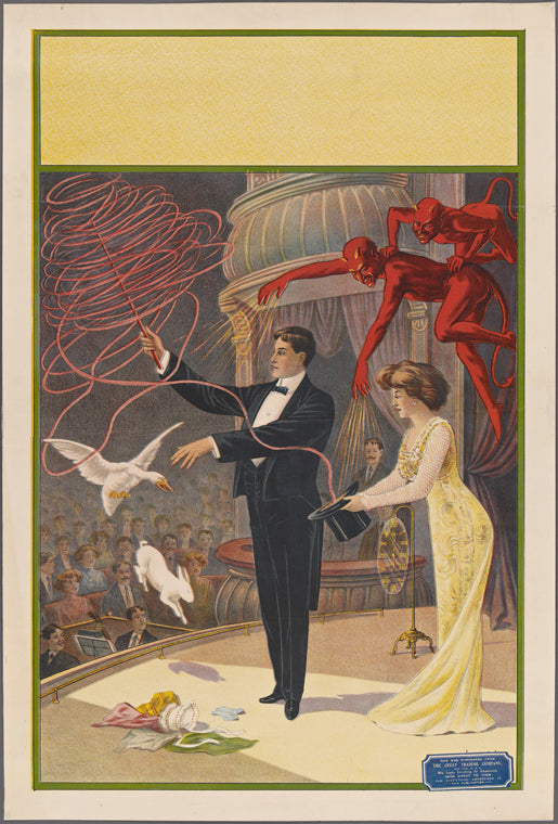 Magician with assistant, imps, goose, and rabbit
