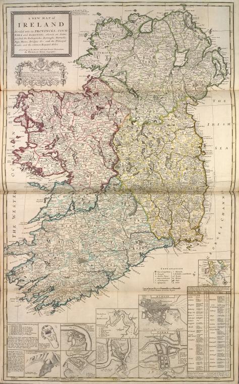 A new map of Ireland, divided into its provinces, counties and baronies, wherein are distinguished the bishopricks, borroughs, barracks, bogs, passes, bridges &c. with the principal roads, and the common reputed miles.