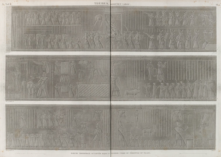 Thèbes. Medynet-Abou [Medinet Habu]. Marche triomphale sculpté dans la galerie-nord du péristyle du palais.