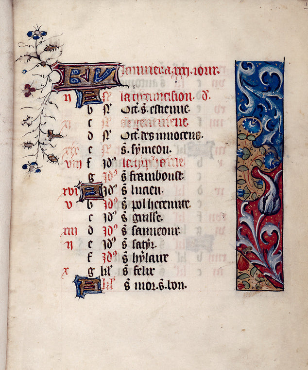 Opening page of calendar, written in French