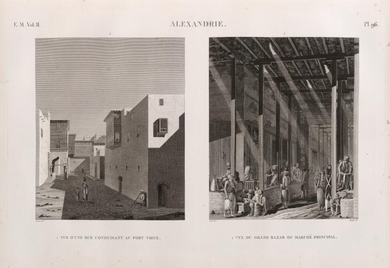 Alexandrie [Alexandria]. 1. Vue d'une rue conduisant au Port Vieux; 2. Vue du grand bazar ou marché principal.