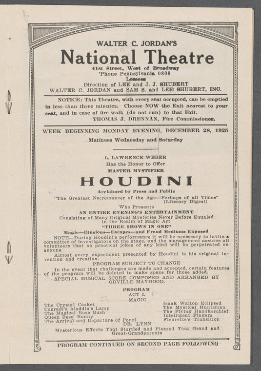 Master Mystifier Houdini: Program from Walter C. Jordan's National Theatre