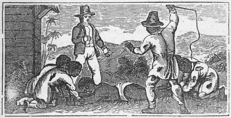 A black man being tortured with whips by white men