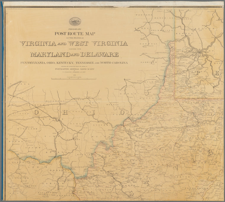 Preliminary post route map of the states of Virginia and West Virginia together with Maryland and Delaware, Pennsylvania, Ohio, Kentucky, Tennessee and North Carolina
