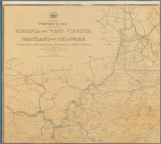 Preliminary post route map of the states of Virginia and West Virginia together with Maryland and Delaware, Pennsylvania, Ohio, Kentucky, Tennessee and North Carolina