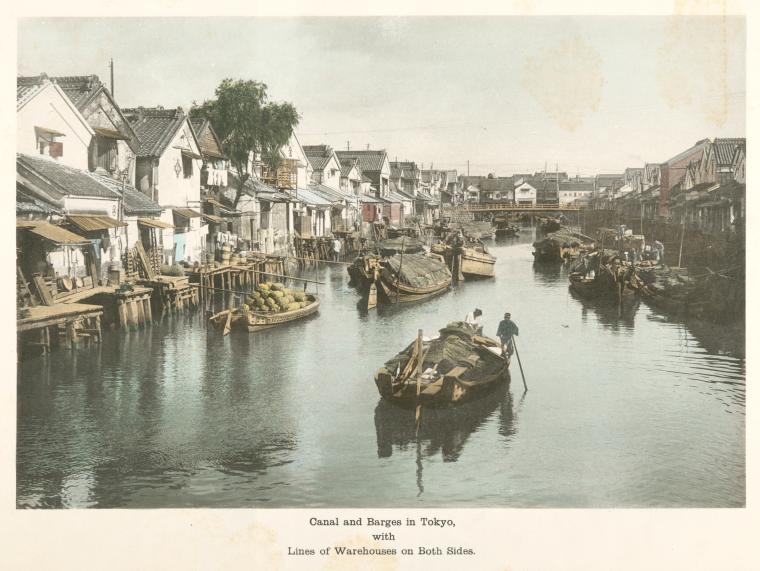 Canal and Barges in Tokyo, with Lines of Warehouses on Both Sides.