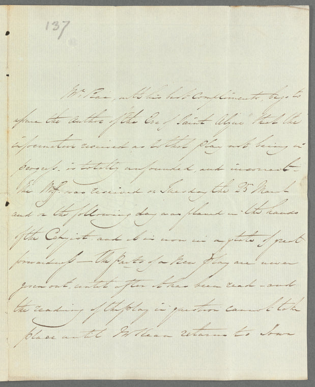 Alexander Rae to Jane Porter, autograph letter third person