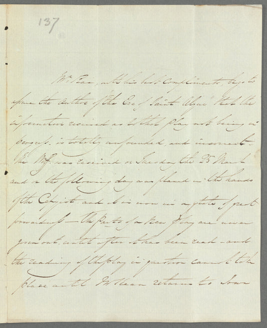 Alexander Rae to Jane Porter, autograph letter third person