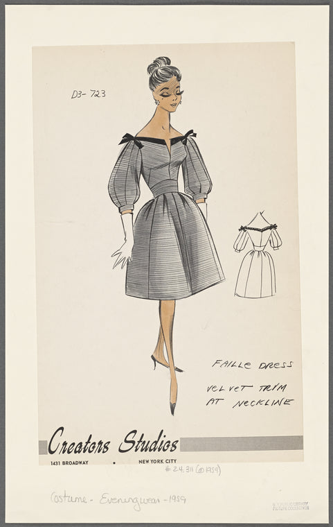 Faille dress with slit sabrina neckline with velvet trim and bows at shoulders; balloon sleeves