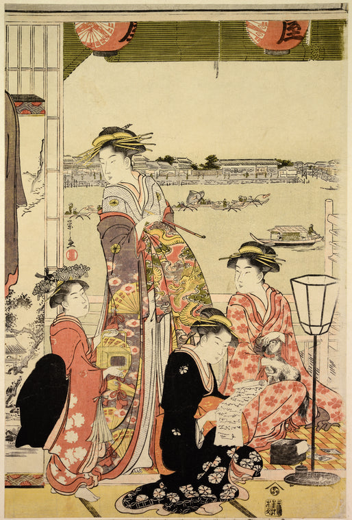 A party of merrymakers at a tea-house at Fukagawa on the bank of the river Sumida