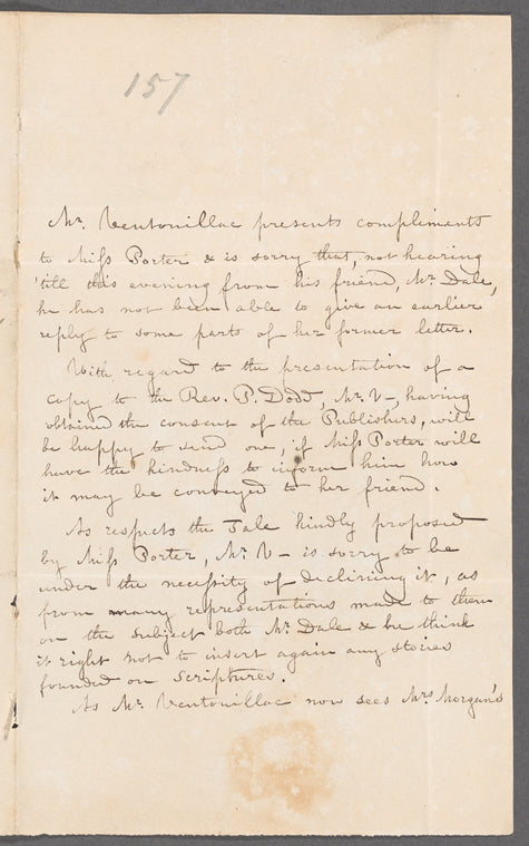 L. T. Ventouillac to Miss Porter, autograph letter third person