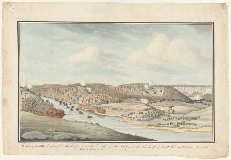 A view of the attack against Fort Washington and rebel redouts near New York on the 16 of November 1776 by the British and Hessian brigades.