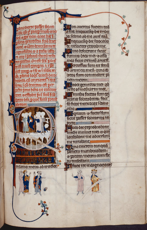 Large unfinished initial D of Psalm 101, showing scenes from 2 Samuel 19.  Illuminated title, initials, linefillers, rubric, miniatures at bottom of page. Scrolls missing text, ground lines lacking