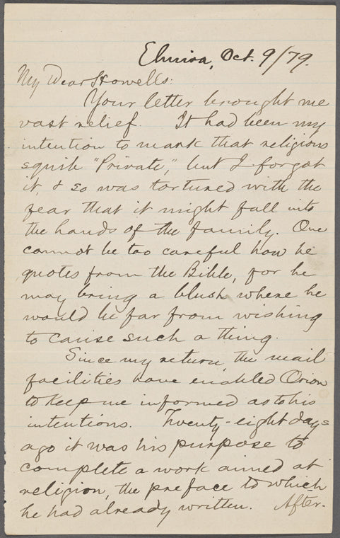 Howells, [William Dean], ALS to. Oct. 9, [1879].