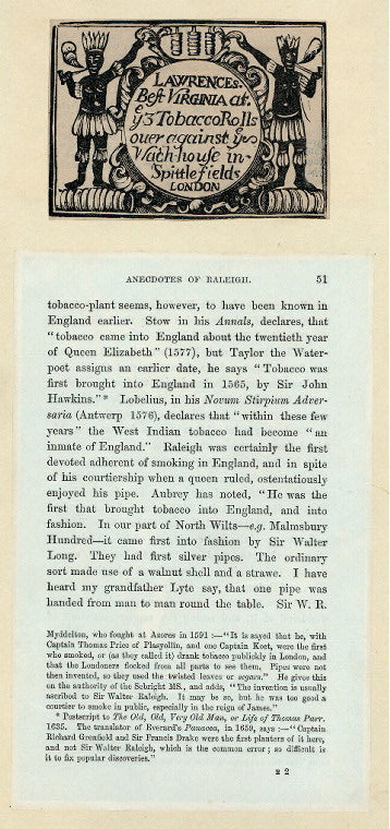 Lawrence Best Virginia at ye 3 Tobacco Rolls over against ye Wach-House in Spittlefields. London