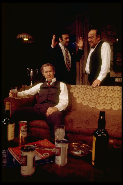 Actors (standing, L-R) Joseph Mascolo & Broderick Crawford w. Bernie McInerney (sitting) in a scene fr. the London production of the play "That Championship Season." (London)