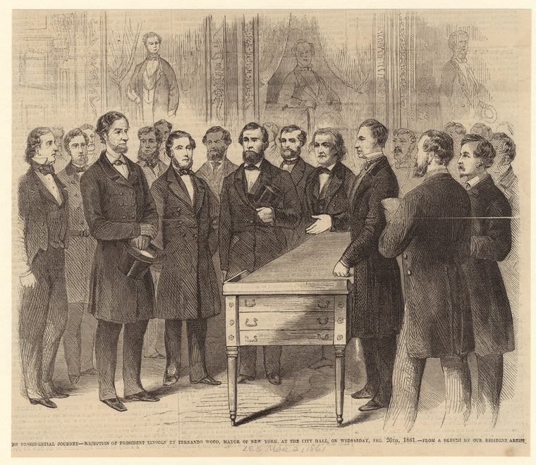 The presidential journey -- reception of President Lincoln by Fernando Wood, mayor of New York, at the City Hall, on Wednesday, Feb. 20th, 1861