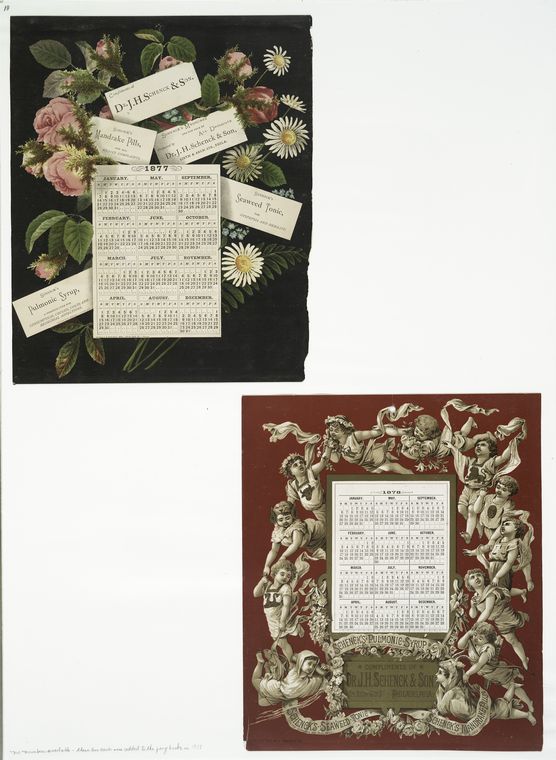 Calendars from 1877 and 1878, depicting flowers and angels