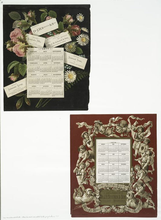 Calendars from 1877 and 1878, depicting flowers and angels
