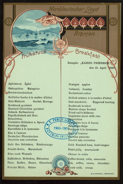 DINNER [held by] NORDDEUTCHER LLOYD BREMEN [at] KAISER FRIEDRICH AT SEA (SS; FOR;)