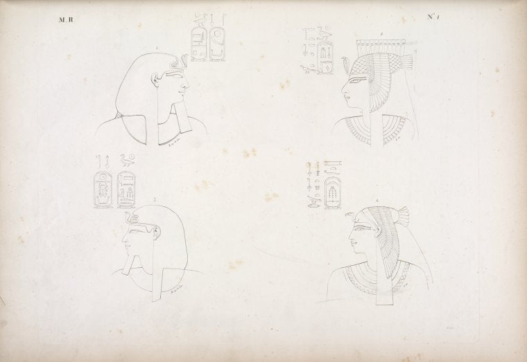 Ritratti e figure. Fig.1. Amenôf I [Amenhotep I]. Fig.2. Nofre-Ari [Ahmose-Nofretari]. Fig. 3. Thutmes I [Thutmose I]. Fig. 4. Aahmes [Ahmosi?] .