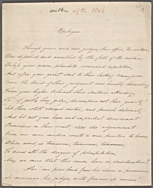 Holograph poem, "Epilogue," 1809(?)