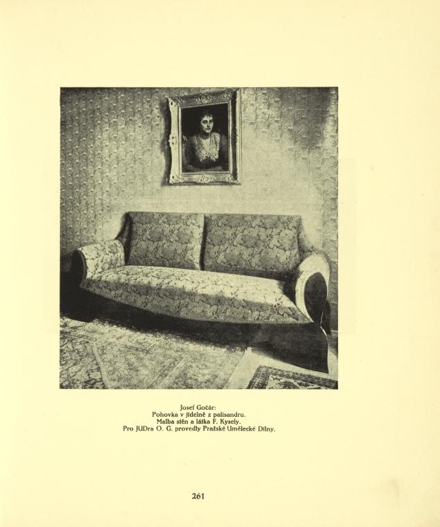 Josef Gočár: Pohovka v jídelně z palisandru. Malba stěn a látka F. Kysely. Pro JUDra O.G. provedly Pražské Umělecke Dílny.