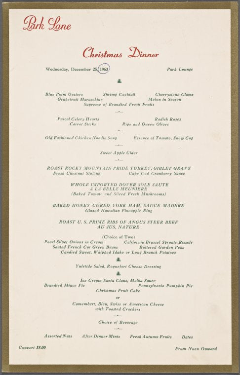 Wednesday Christmas dinner menu, Park Lounge at Park Lane