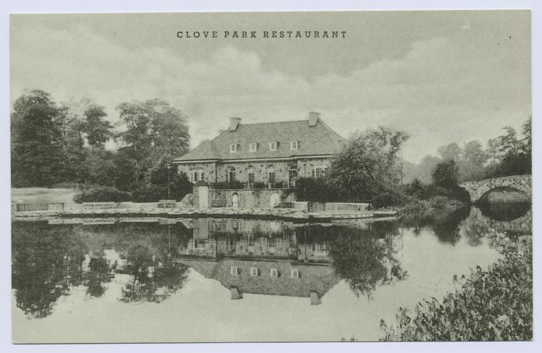 Clove Park(sic: usually Clove Lake Park) Restaurant [ext. reflected in lake, AD text on back]