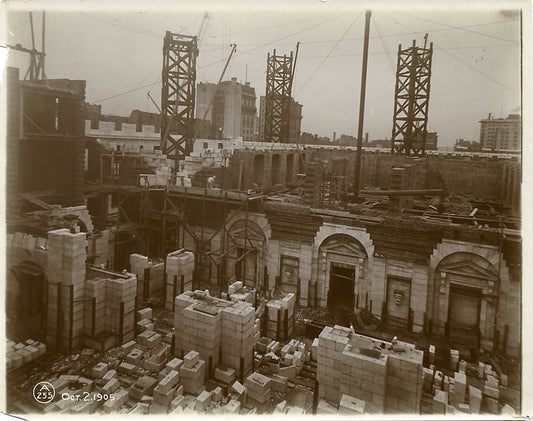 Interior work : construction of Astor Hall seen from above, looking southwest