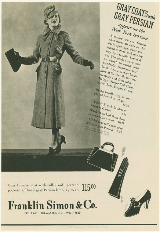 Gray princess coat with collar and "pretend pockets" of finest gray Persian lamb.