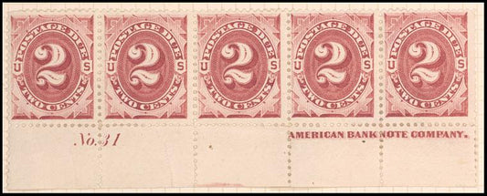 2c bright claret Postage Due strip of five
