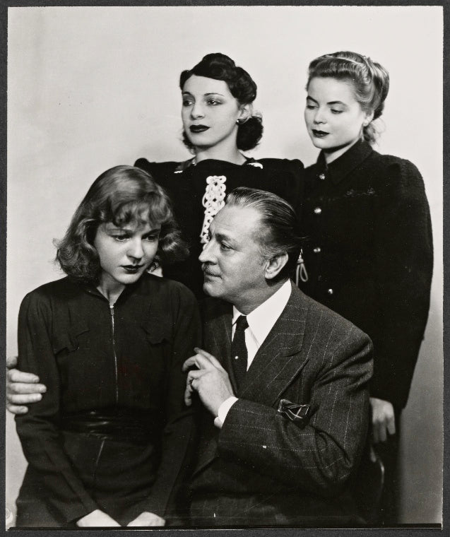 Elaine Barrie [back row at left], John Barrymore [front row at right] and unidentified others in publicity photo for the stage production My Dear Children
