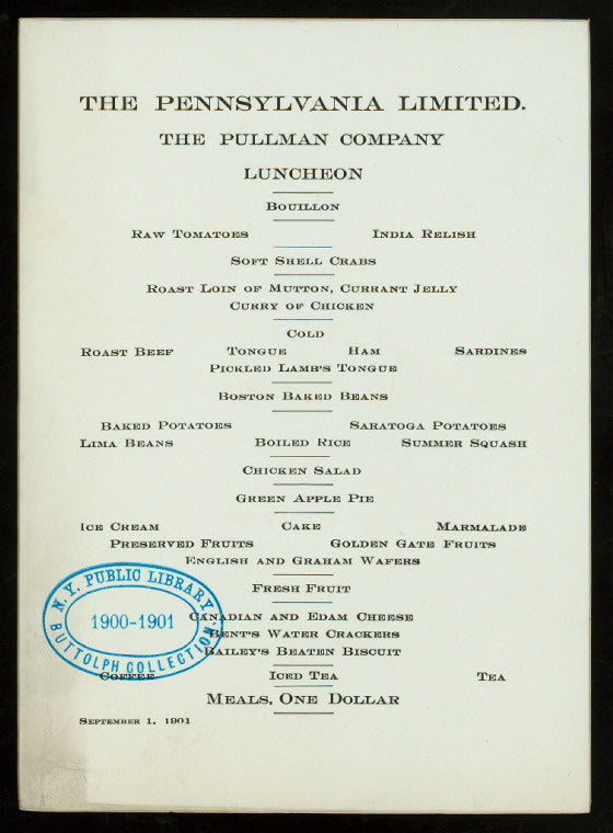 LUNCHEON [held by] PENNSYLVANIA LIMITED [at] THE PULLMAN COMPANY - EN ROUTE (RR;)